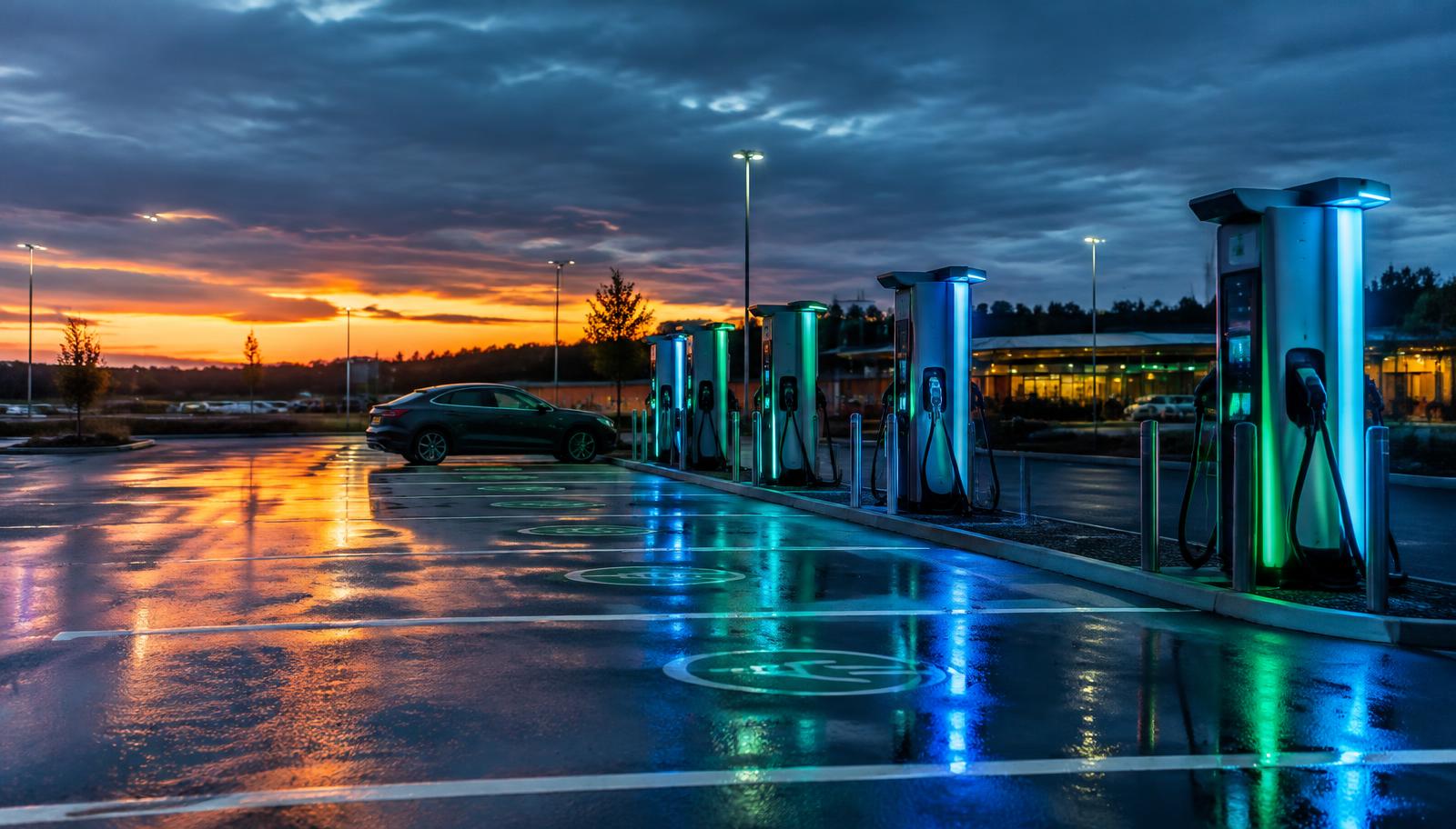 EV rapid charging bays at dusk